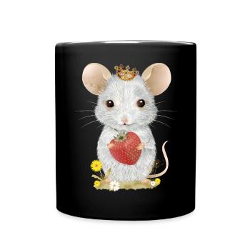 souris blanche avec couronne, fraise et fleurs de pissenlit - Mug uni - noir - Devant