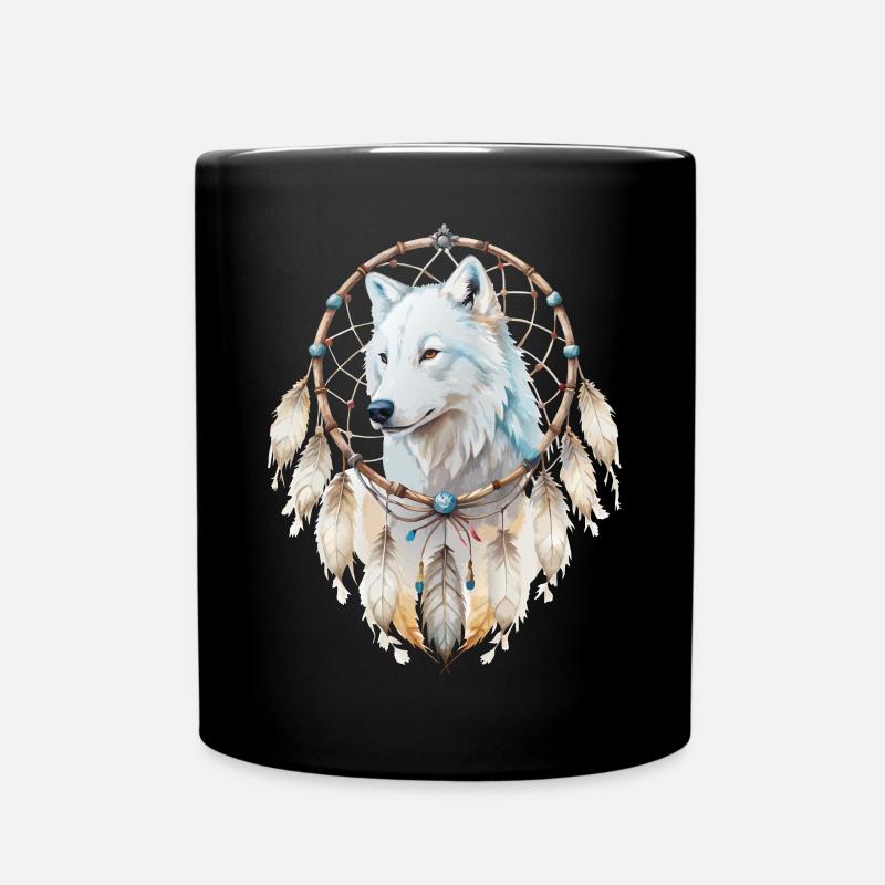 Wolf in a Dreamcatcher Mystical Wolf Design - Full Colour Mug - black