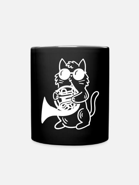 Katze spielt Waldhorn - Tasse einfarbig - Schwarz