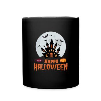 Frohes Halloween, Spukhaus, Fledermäuse - Tasse einfarbig - Schwarz - Vorne