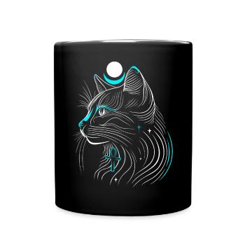 Minimalistische Bastet-Katze im Profil mit Mond - Tasse einfarbig - Schwarz - Vorne