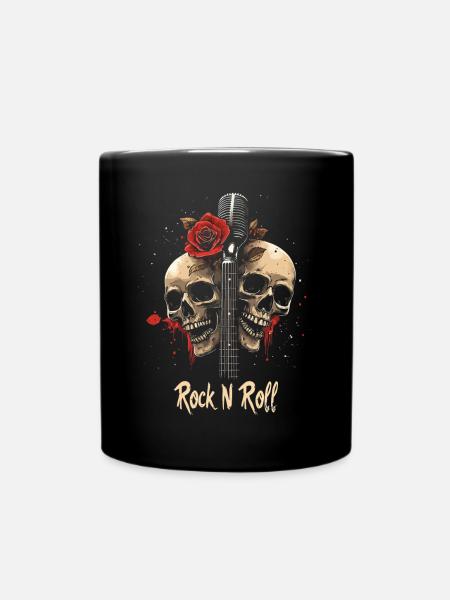 Rock N Roll Skull Electric Guitar Rose Music Rocker - Full Colour Mug - black