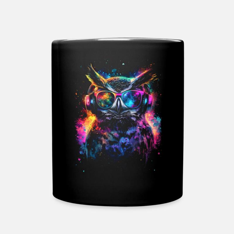 DJ Cool Outfit Rave Techno Festival Owl - Full Colour Mug - black