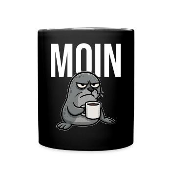 MOIN – Grummelnder Seehund mit Kaffee | Morgenmuff - Tasse einfarbig - Schwarz - Vorne