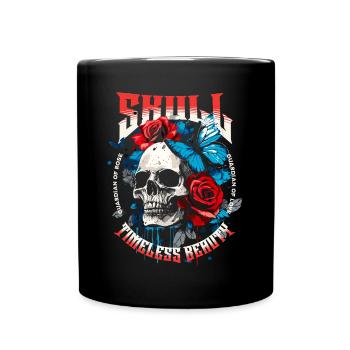 Totenkopf Totenschädel Schmetterling Rose Blume - Tasse einfarbig - Schwarz - Vorne