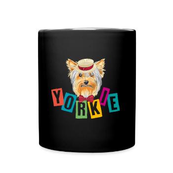 Lustiger Yorkie mit Hut und Schleife - Tasse einfarbig - Schwarz - Vorne