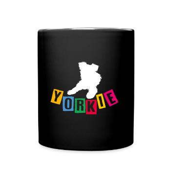 Yorkie Yorkshire Terrier mit bunten Buchstaben - Tasse einfarbig - Schwarz - Vorne