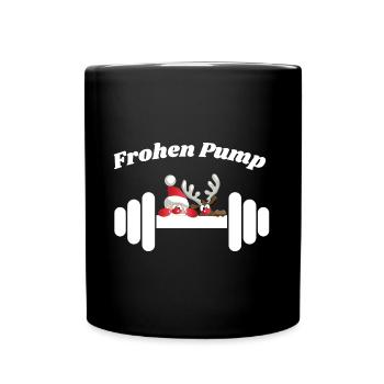 Frohen Pump Weihnachtsmann und Rentier - Tasse einfarbig - Schwarz - Vorne
