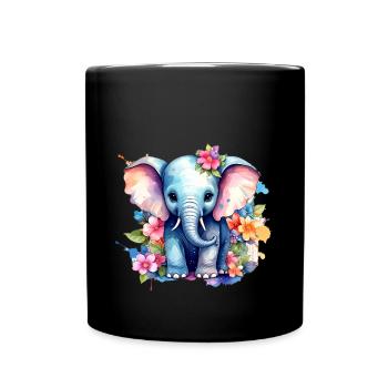 Elefant,Graffiti, bunt, Malerei,blumen - Tasse einfarbig - Schwarz - Vorne