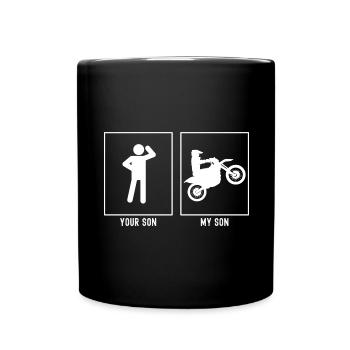 Dein Sohn - Mein Sohn - Motorrad Wheelie - Tasse einfarbig - Schwarz - Vorne