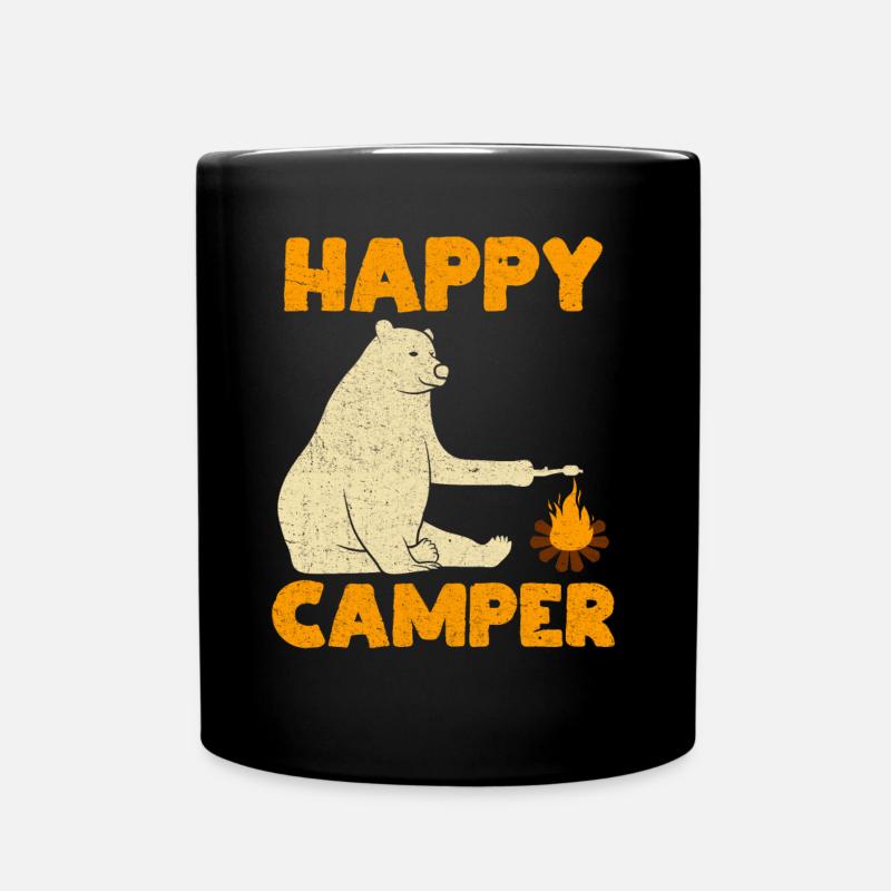 Happy Camper Bear Camping Hiking Fireplace - Full Colour Mug - black