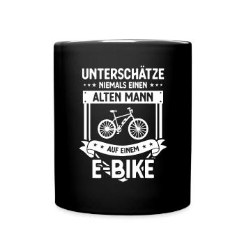 UNTSCHATZE NIEMALS EINEN ALTEN MANN auf EIEM E-Bik - Tasse einfarbig - Schwarz - Vorne