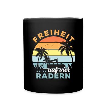 Freiheit auf vier Rädern Camper Palmen Camping - Tasse einfarbig - Schwarz - Vorne