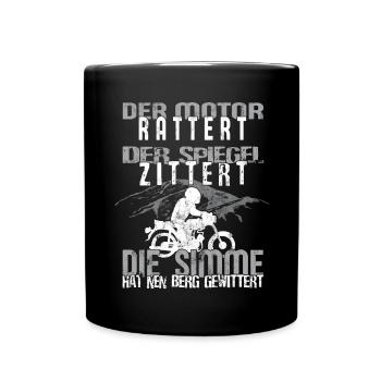 Der Motor Rattert - lustige ddr Moped Sprüche - Tasse einfarbig - Schwarz - Vorne