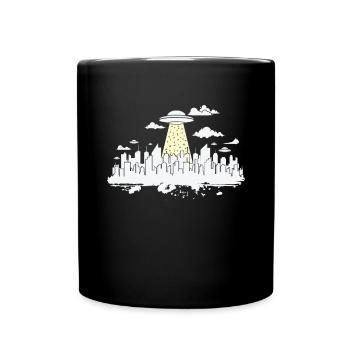 Skyline mit Ufo Gebäude Stadt Silhouette - Tasse einfarbig - Schwarz - Vorne