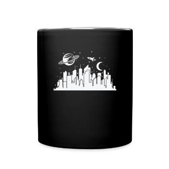 Skyline mit Planeten und Rakete Stadt - Tasse einfarbig - Schwarz - Vorne