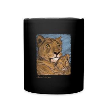 Löwenmutter Löwin mit Kind Löwenjunges Vintage Art - Tasse einfarbig - Schwarz - Vorne