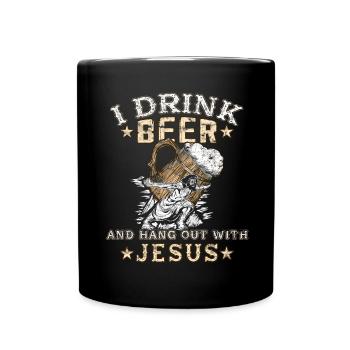Trinking Beer Merry Jesus porte de la bière - Mug uni - noir - Devant