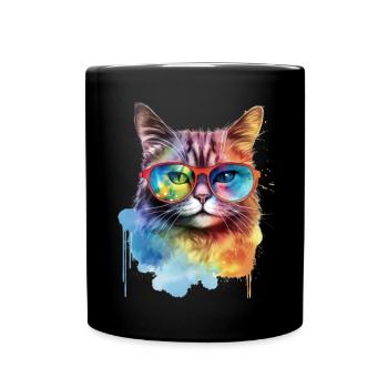 Coole bunte Katze mit Sonnenbrille - Tasse einfarbig - Schwarz - Vorne