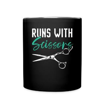 Runs with scissors barbershop hair clipper barber - Full Colour Mug - black - Front