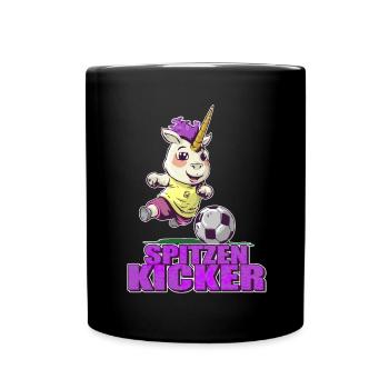 "Spitzen Kicker" - lustiges Fußball Einhorn - Tasse einfarbig - Schwarz - Vorne