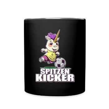 "Spitzen Kicker" - lustiges Fußball Einhorn - Tasse einfarbig - Schwarz - Vorne