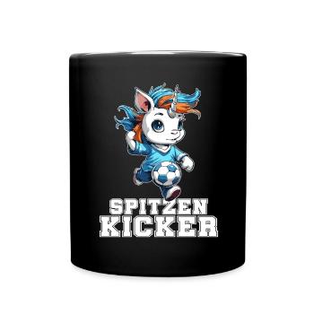 "Spitzen Kicker" - lustiges Fußball Einhorn - Tasse einfarbig - Schwarz - Vorne