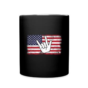 ASL USA Flag Funny Deaf Awareness Patriotic ASL - Full Colour Mug - black - Front