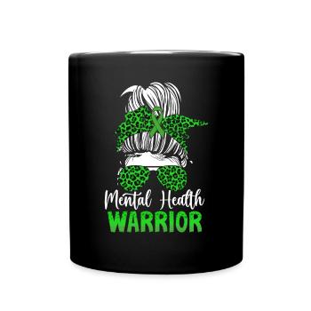 Mental Health Warrior Messy Bun Green Ribbon - Full Colour Mug - black - Front