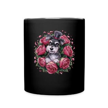 Schnauzer miniature dans le style dessin animé avec de belles roses - Mug uni - noir - Devant