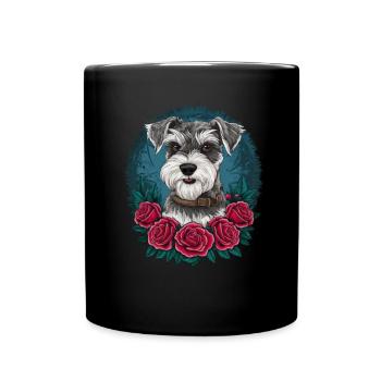 Schnauzer miniature dans le style dessin animé avec de belles roses - Mug uni - noir - Devant