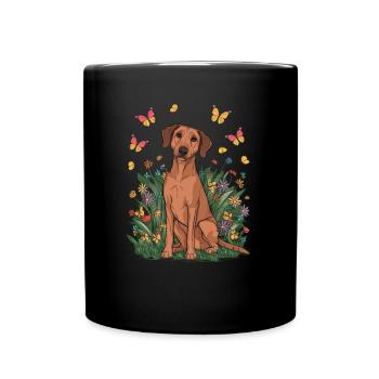 Dessin animé Lion Chien avec Fleurs et Papillons - Mug uni - noir - Devant