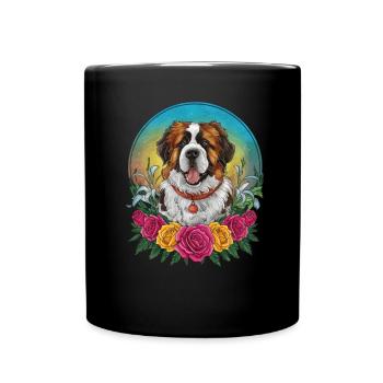 Bernhardiner Cartoon Hund mit Rosen und Lillien - Tasse einfarbig - Schwarz - Vorne