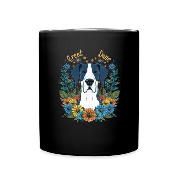Great Dane with pretty flowers - Full Colour Mug - black - Front