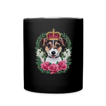 Jack Russel Terrier mit Krone und Rosen - Tasse einfarbig - Schwarz - Vorne