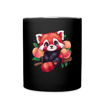 Süßer Kawaii Panda mit Aprikosen und Pfirsichen - Tasse einfarbig - Schwarz - Vorne