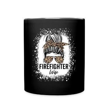 Firefighter Wife Messy Bun Red Line Leopard - Full Colour Mug - black - Front