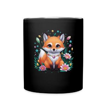 Cartoon Kawaii Fuchs mit farbenfrohen Blumen - Tasse einfarbig - Schwarz - Vorne