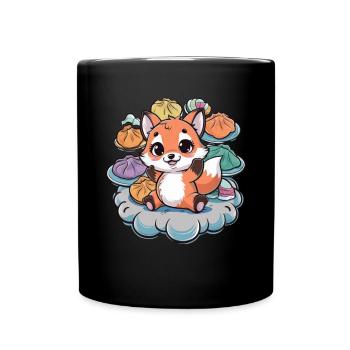 Cartoon Kawaii Fuchs mit gefüllten Teigtaschen - Tasse einfarbig - Schwarz - Vorne