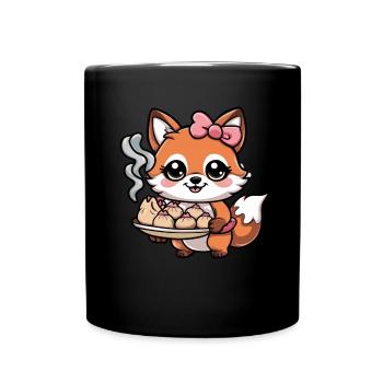 Cartoon Kawaii Fuchs mit gefüllten Teigtaschen - Tasse einfarbig - Schwarz - Vorne