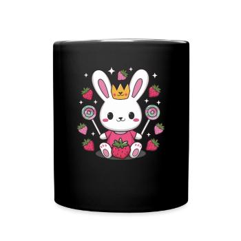 Süßer Kawaii Hase mit Erdbeeren und Süßigkeiten - Tasse einfarbig - Schwarz - Vorne