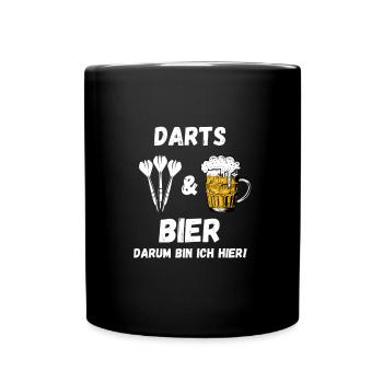 Darts & Bier Darum Bin Ich Hier Lustiger Spruch - Tasse einfarbig - Schwarz - Vorne
