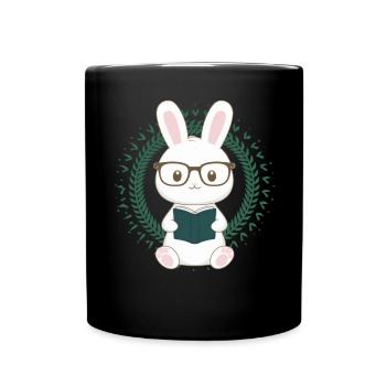 Knuffiger Kawaii Hase mit Brille und Buch - Tasse einfarbig - Schwarz - Vorne
