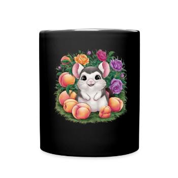 Cartoon Kawaii Chinchilla mit Rosen und Pfirsich - Tasse einfarbig - Schwarz - Vorne
