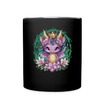 Dragon with crown and colorful flowers - Full Colour Mug - black - Front