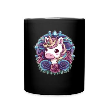 Licorne Kawaii avec des roses - Mug uni - noir - Devant
