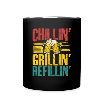 Grillin Chillin Refillin Retro Bier und BBQ - Tasse einfarbig - Schwarz - Vorne