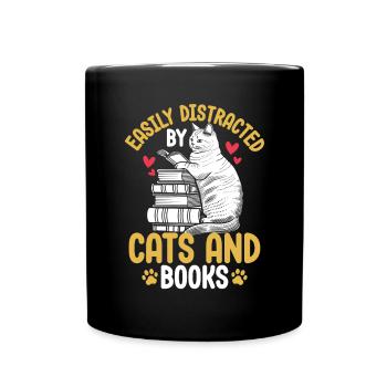 Leicht abgelenkt von Katzen und Büchern Lustige Katzen - Tasse einfarbig - Schwarz - Vorne