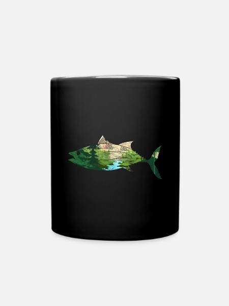 Fischen Natur Bäume Berge Angeln Geschenk Fisch - Tasse einfarbig - Schwarz