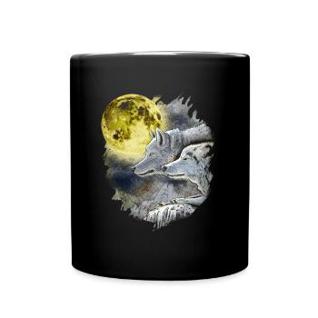 Phantasie Wolf Wölfe mit Mond - Tasse einfarbig - Schwarz - Vorne